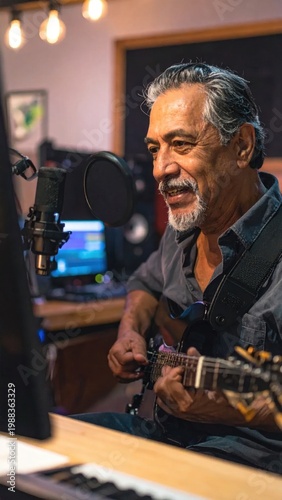 Senior Hispanic musician recording guitar and vocals in a home studio, music production, sound engineering, creative hobby, passion, joyful expression