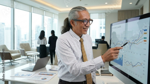 Senior Asian executive smiling while pointing at financial charts on a screen in a modern office. Business growth, data analysis, and corporate leadership concept with team background.