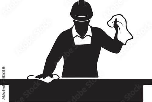 Black silhouette of a man wearing a hard hat cleaning