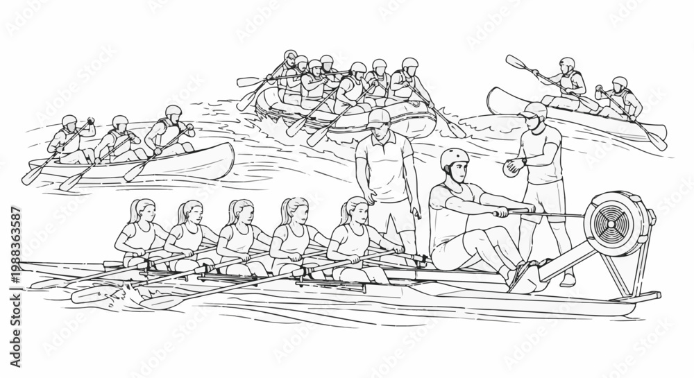 Obraz premium Diverse group participates in various watercraft and rowing activities