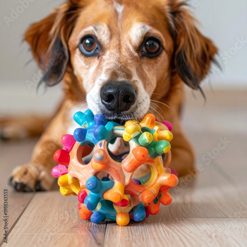 brown dog playing with a colourful textured rubber ball toy on a wooden floor, indoor lifestyle shot, pet activity and recreation