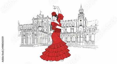 Elegant dancer in red dress with elaborate ruffles performs before grand architecture