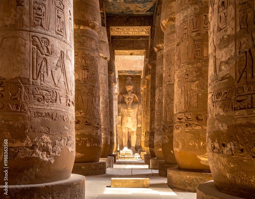 Interior view of ancient Egyptian temple, showcasing monumental columns with hieroglyphs and a colossal statue in the distance