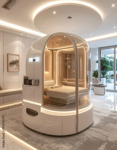 modern futuristic sleep pod with minimalist bed interior for relaxation and wellness, luxury spa technology, smart bedroom innovation for hotel lounge