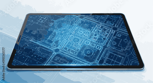 Digital tablet displaying a futuristic blue blueprint of a city map