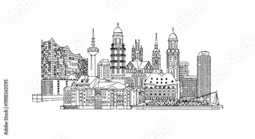 Diverse city skyline with varied architecture from historical to modern