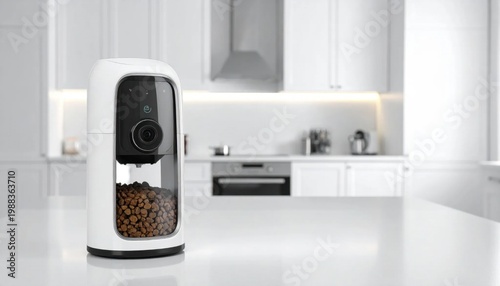 Automatic pet food dispenser in a modern white kitchen, smart technology for cat and dog care, convenient meal scheduling and feeding routine