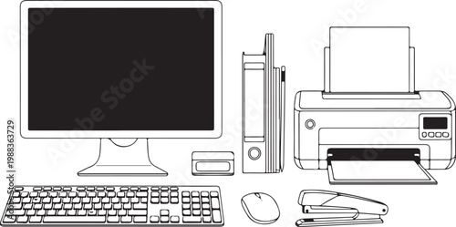 Computer monitor keyboard mouse printer and office supplies