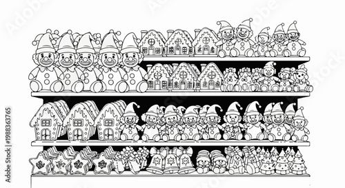 Festive holiday decorations featuring clown toys, gingerbread houses, and star-shaped treats