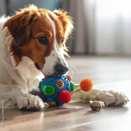 brown and white dog lying on indoor floor playing with a colorful textured spiky ball toy, playful pet activity, home atmosphere, canine companion