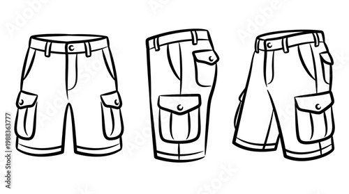 Detailed Black and White Illustrations of Cargo Shorts in Various Poses.