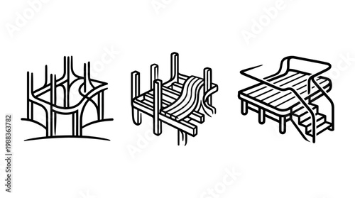 Black and White Line Art of Playground Equipment Designs.