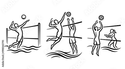 Dynamic Volleyball Players in Action Artistic Line Drawing Illustration.