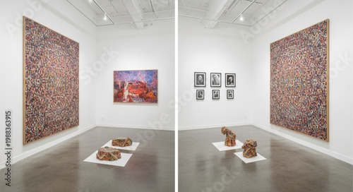 Modern Art Gallery Exhibition Displaying Paintings and Sculptures.