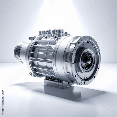 Industrial heavy duty electric motor component with metallic housing and detailed steel cooling fins for engineering, manufacturing, power generation, automation machinery