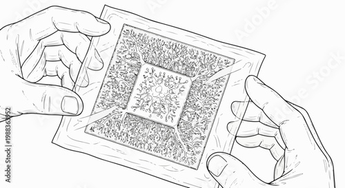 Hands hold a square object with a detailed, intricate, organic pattern