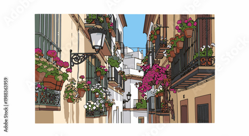 Charming European street scene with blooming flowers cascading from balconies