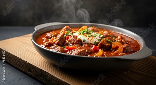 Steaming hot dish of stew with meat and vegetables on a wooden board indoors
