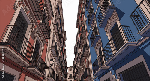Narrow street flanked by tall, colorful buildings with ornate balconies, viewed from below