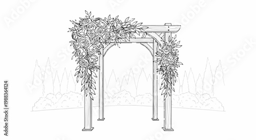 An ornate wooden arbor draped with abundant floral arrangements