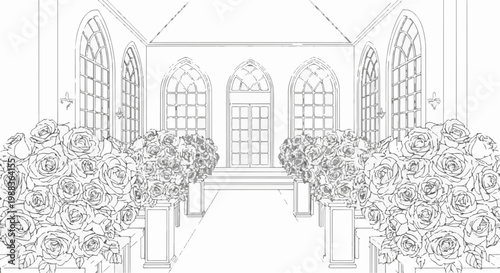 Ornate entrance with arched windows and rose bouquets leading to a grand doorway