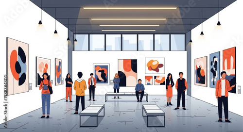 Modern Art Gallery Exhibition with Diverse Visitors Viewing Paintings.