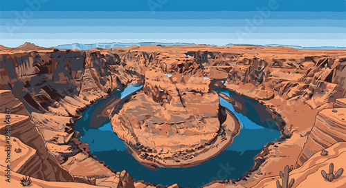 Pixel art depiction of a horseshoe-shaped river bend within a desert canyon