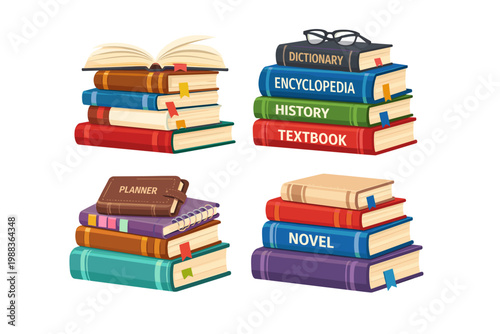 Colorful stacks of books labeled dictionary encyclopedia history textbook novel flat illustration