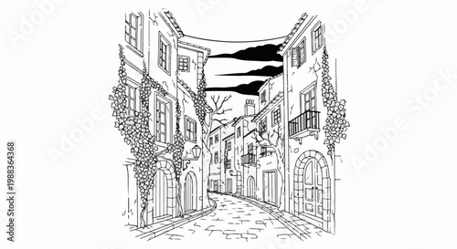 A whimsical sketch of a cobblestone lane lined with charming buildings and clinging vines