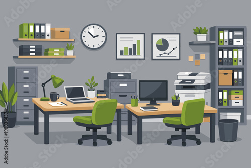 Modern office workspace interior with desks computers and equipment flat design illustration