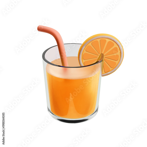 Orange Cocktail 3d render cartoon glass. Summer lemonade, orange fruit juice alcohol drink, refreshing beverage with straw and orange slice, beach cold drink. Vector icon