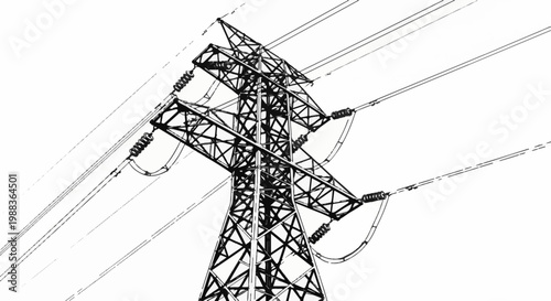 A sketch of an electricity pylon with power lines stretching across a white background