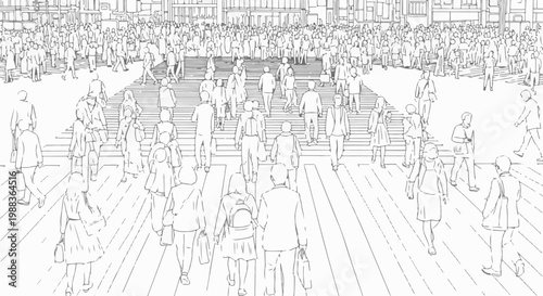 Sketch of a crowded street with pedestrians crossing at a crosswalk