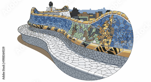 A serpentine mosaic bench with intricate tilework featuring blues, greens, and yellows