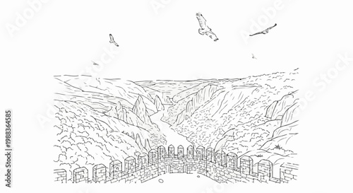 A rugged canyon view with a stone wall and flying birds under a vast sky