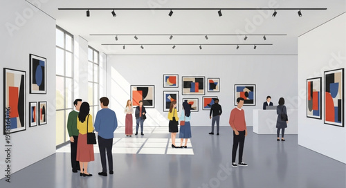 Modern Art Gallery Exhibition with Visitors Viewing Abstract Paintings.