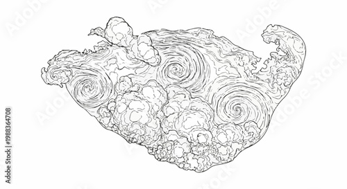 Whimsical ink drawing of swirling clouds and tempestuous sky