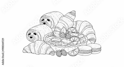 A delicious assortment of pastries, including croissants, pain au chocolat, and tart