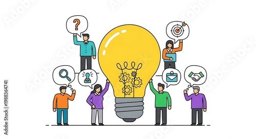 Team brainstorming session around a central idea symbolized by a glowing lightbulb