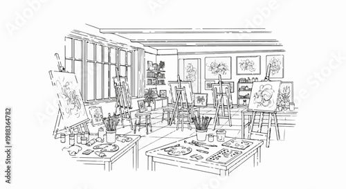 A busy art studio filled with easels, canvases, paint supplies, and artwork