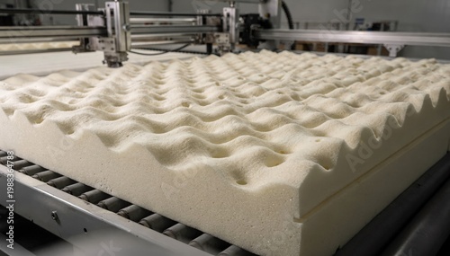 Medium shot capturing the production of convoluted top foam mattress cores highlighting the textured surface being carefully molded for improved ventilation and pressure relief.