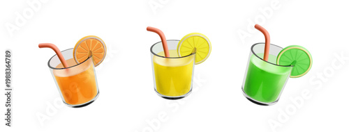 Orange. lemon and lime Juice Glass with Straw and Citrus Slice icon 3d rendering illustration. Citrus lemonade cocktail render. Summer beverage icons set