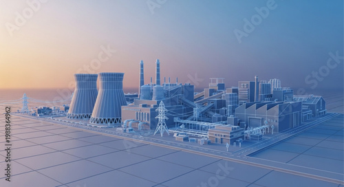 Modern industrial complex with cooling towers and smokestacks.