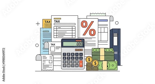 Illustration of accounting and financial documentation process with tax focus