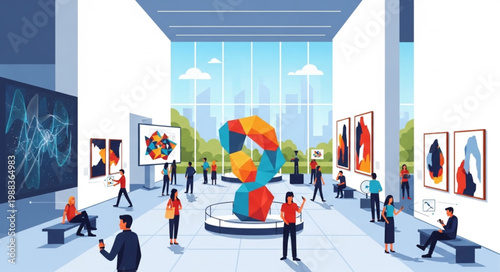 Modern Art Gallery Exhibition with Visitors Viewing Sculptures and Paintings.