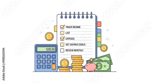 Illustrated guide to managing personal finances with a notebook and calculator
