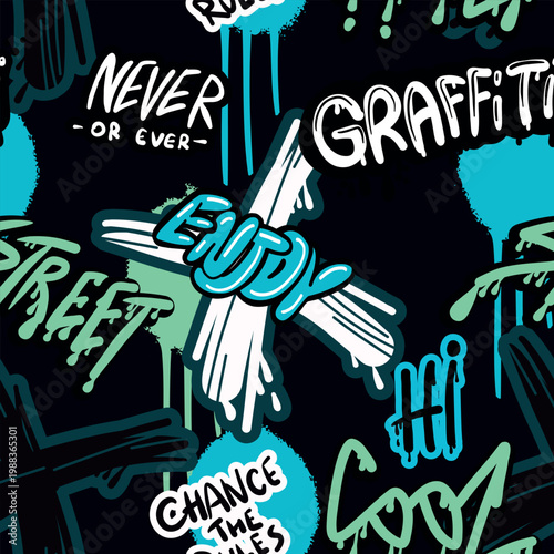 Abstract bright graffiti pattern. With slogan, bricks, paint drips, words in graffiti style. Graphic urban design for textiles, sportswear, prints.
