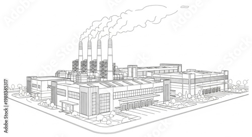 Industrial factory with smoke stacks emitting steam or pollution.