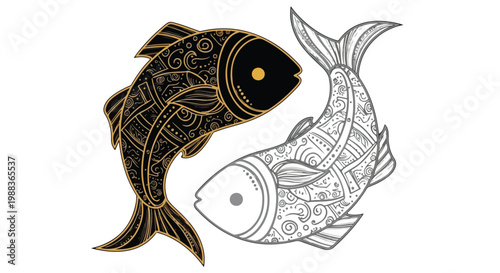 Zodiac Pisces fish vector illustration, ornate gold and black koi fish in yin yang circle, decorative celestial astrology art for tattoo or logo