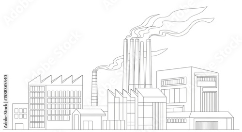 Industrial factory with smoke stacks emitting pollution into the air.